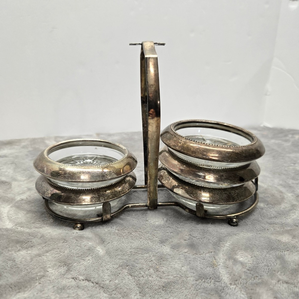 Vintage Glass Starburst Coasters with Silver Rim and‎ Caddy Holder Set of 5